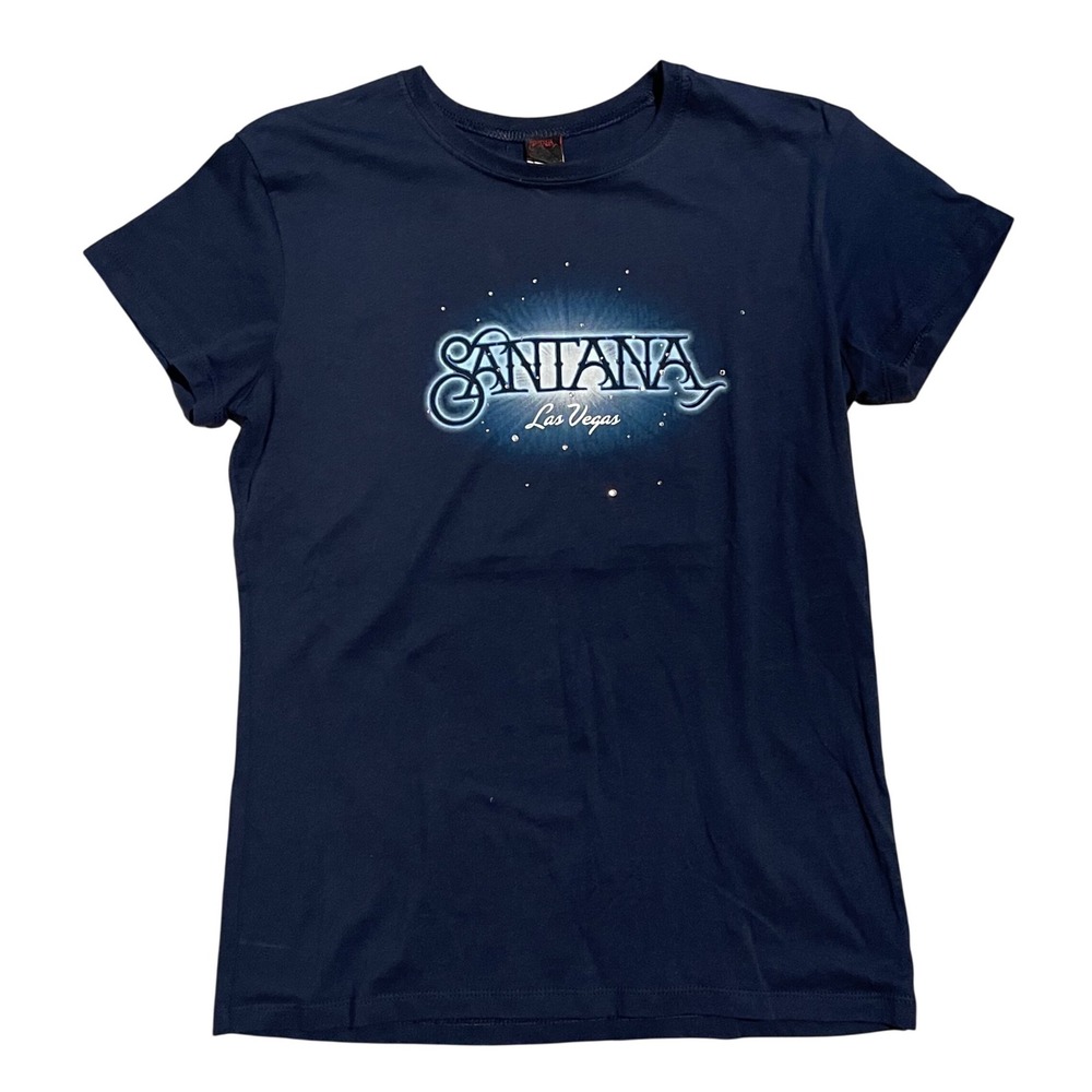 Santana Las Vegas Graphic T-Shirt Navy Blue Rhinestone Concert Tee Womens XL